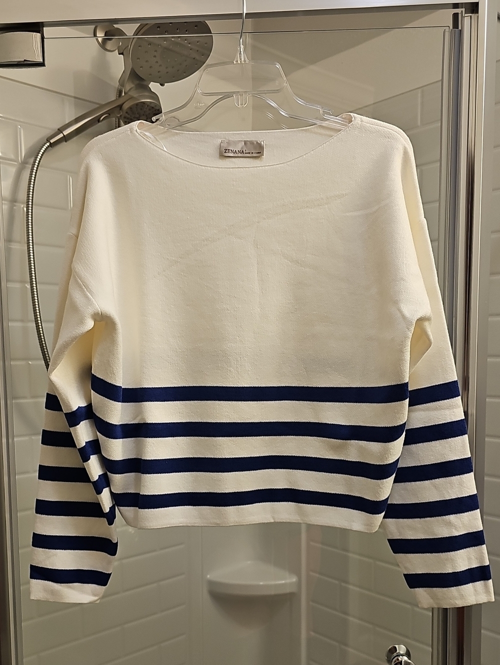 Zenana Outfitters Ivory & Lt Navy Striped Women’s Sweater. New In Packaging.